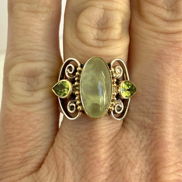 Michou Sterling Silver 925 Vermeil Oval Prehnite Peridot Scrollwork Ring Sz 6.25 - Picture 2 of 16